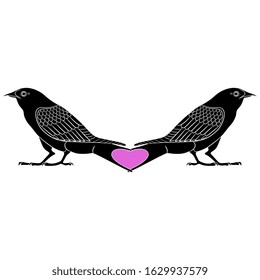 Isolated vector illustration. Symmetrical animal decor with two birds and heart symbol. Ancient Egyptian motif. Monochrome silhouette.