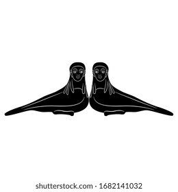 Isolated vector illustration. Symmetrical animal decor with two fantastic birds with female faces. Ancient Greek Siren. Black and white silhouette.