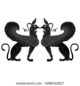  Vektorillustration einzeln. Symmetrische Tierdekoration mit zwei fantastischen Gängen. Antikes griechisches Motiv. Schwarz-Weiß-Silhouette.