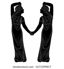 Isolated vector illustration. Symmetrical antique decor. Two ancient Greek girls holding hands. Dancing nymphs from back. Black and white silhouette. Stylized letter M.