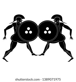 Isolated vector illustration. Symmetrical black and white decor with silhouettes of two fighting ancient Greek warriors.