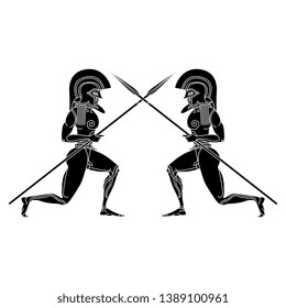 Isolated vector illustration. Symmetrical black and white decor with silhouettes of two ancient Greek warriors or guards.