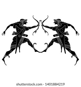 Isolated vector illustration. Symmetrical black and white decor with silhouettes of two ancient Greek warriors with bows and arrows. Vintage style.