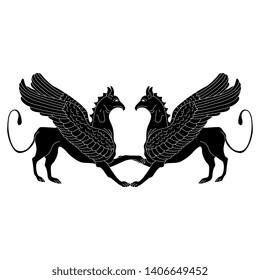 Isolated vector illustration. Symmetrical black and white decor with silhouettes of two fantastic winged Griffins. Ancient Greek motif.