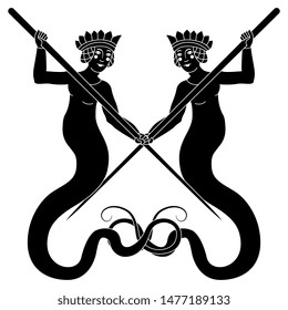 Isolated vector illustration. Symmetrical black and white decor with two fantastic snake women. Medieval Gothic motif.