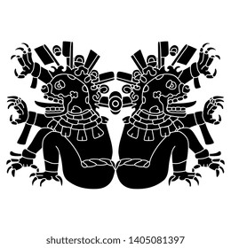 Isolated vector illustration. Symmetrical decor with silhouettes of two Aztec monsters. Ancient Mexican mythological motif. Black and white silhouette. 