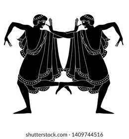 Isolated vector illustration. Symmetrical decor with two dancing ancient Etruscan young men. Black and white silhouette.