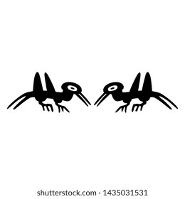 Isolated vector illustration. Symmetrical decor with two stylized birds. Ancient Peruvian tribal motif. Black and white silhouette.