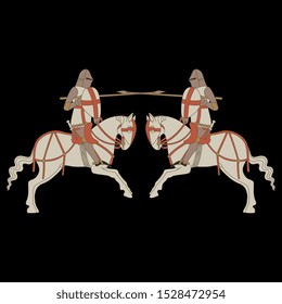 Isolated vector illustration. Symmetrical decor with two fighting medieval riders. Knight tournament or joust. On black background.