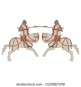 Isolated vector illustration. Symmetrical decor with two fighting medieval riders. Knight tournament or joust.