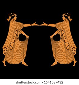 Isolated vector illustration. Symmetrical decor with two dancing ancient Greek girls. Vase painting motif. On black background.