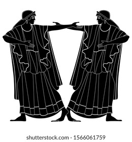 Isolated vector illustration. Symmetrical decor with two ancient Greek women. Black and white silhouette.