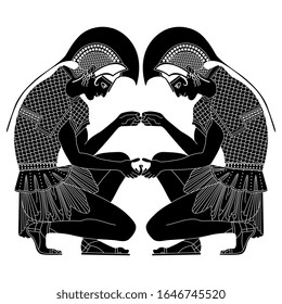 Isolated vector illustration. Symmetrical decor with two crouched ancient Greek warriors. Vase painting style. Black and white linear silhouette.