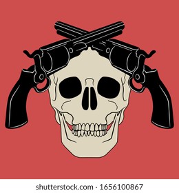 Isolated vector illustration. Symmetrical decor with human skull and two revolvers.