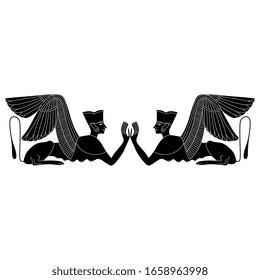 Isolated vector illustration. Symmetrical decor with two ancient Egyptian sphinxes. Fantastic winged monster creature. Half human half feline. Black and white silhouette.