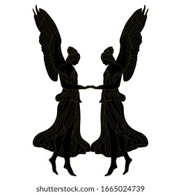 Isolated vector illustration. Symmetrical decor with two vintage angels or antique winged goddesses. Black and gold linear silhouette.
