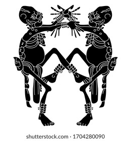 Isolated vector illustration. Symmetrical decor with two dancing human skeletons. Native American Mayan art. Black and white silhouette. Halloween decor.