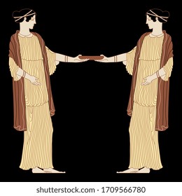 Isolated vector illustration. Symmetrical decor with two standing ancient Greek women holding bowl. Vase painting style.