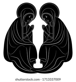 Isolated vector illustration. Symmetrical decor with two praying saint ladies. Black and white silhouette.