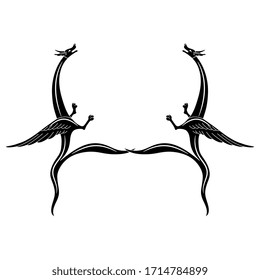 Isolated vector illustration. Symmetrical decor with two fantastic medieval dragons. Gothic illuminated manuscript decor. Black and white silhouette.