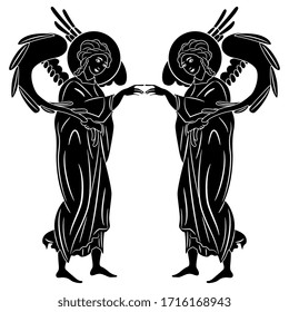 Isolated vector illustration. Symmetrical decor with two standing vintage angels. Black and white silhouette.