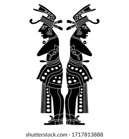 Isolated vector illustration. Symmetrical decor with two standing Mayan men. Ancient Mexican Native American art. Black and white silhouette.