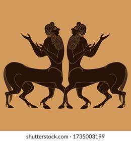 Isolated vector illustration. Symmetrical decor with two ancient Greek centaurs. Fantastic horse man. Monochrome silhouette.