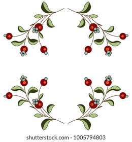Isolated vector illustration. Symmetrical floral decor with stylized boughs of red berries.