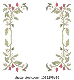 Isolated vector illustration. Symmetrical floral decor. Vertical vintage border with delicate blanches of chili pepper.