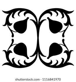 Isolated vector illustration. Symmetrical floral decor with stylized tulips. Black silhouette on white background.