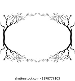 Isolated vector illustration. Symmetrical floral decor or frame with ornate stylized bare trees with bent trunks. Black silhouette on white background. Vintage style.