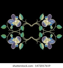 Isolated vector illustration. Symmetrical floral decor or frame with branches of pansy flowers. Viola tricolor. Vintage style. On black background.