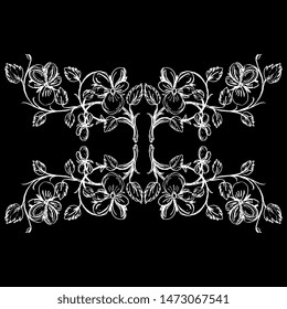 Isolated vector illustration. Symmetrical floral decor with stylized branches of pansy flowers. Hand drawn sketch. White silhouette on black background.