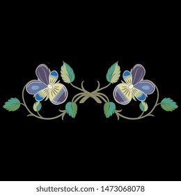 Isolated vector illustration. Symmetrical floral decor with two branches of pansy flower. Viola tricolor. Vintage style. On black background.