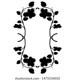 Isolated vector illustration. Symmetrical floral decor or frame with branches of pansy flower. Botanical vignette. Black silhouette on white background.
