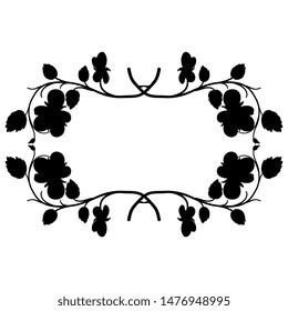 Isolated vector illustration. Symmetrical floral decor or frame with branches of pansy flower. Botanical vignette. Black silhouette on white background.