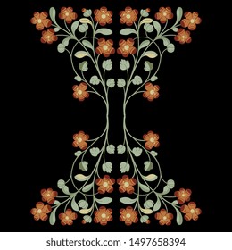 Isolated vector illustration. Symmetrical floral decor with ornate flower branches. Folk style. On black background.