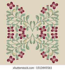 Isolated vector illustration. Symmetrical floral decor with ornate blooming branches. Folk style.
