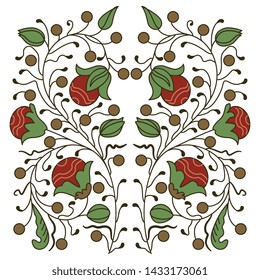 Isolated vector illustration. Symmetrical heart shape ornate decor or pattern with fantastic floral motifs. Folk style. 