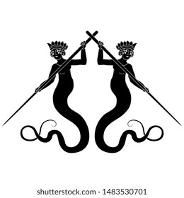 Isolated vector illustration. Symmetrical heraldic emblem. Two snake women holding sticks. Black and white silhouette.