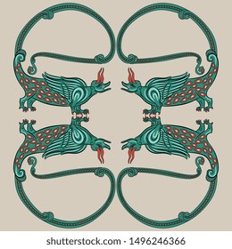 Isolated vector illustration. Symmetrical medieval animal decor with fantastic dragons with long curved tails. Illuminated manuscript motif.