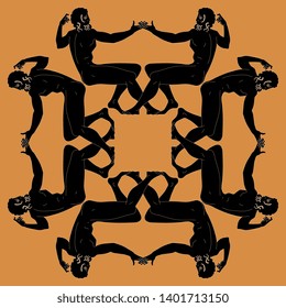 Isolated vector illustration. Symmetrical square decor or frame with silhouettes of ancient Greek men. Vase painting style.