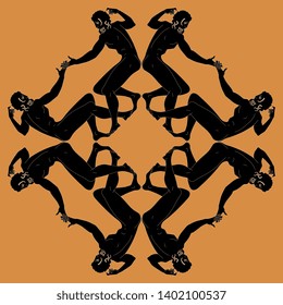 Isolated vector illustration. Symmetrical square decor or frame with silhouettes of ancient Greek men. Vase painting style.