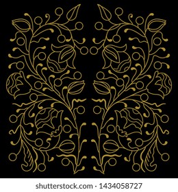 Isolated vector illustration. Symmetrical square decor with ornate floral motifs. Linear golden silhouette on black background.