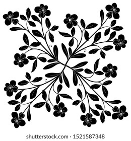 Isolated vector illustration. Symmetrical square decor with floral motifs. Branches with leaves and flowers. Vintage folk style. Black and white silhouette.