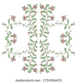 Isolated vector illustration. Symmetrical square floral motif. Cross made of stylized branches with leaves and flowers. Folk style.