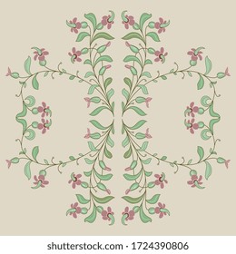Isolated vector illustration. Symmetrical square floral motif. Cross made of stylized branches with leaves and flowers. Folk style.