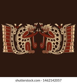 Isolated vector illustration. Symmetrical tribal decor with two fantastic monsters. Ancient Mexican art of Maya Indians.