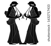 Isolated vector illustration. Symmetrical vintage decor with two ancient Greek girls playing flute. Black and white silhouette.