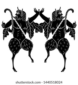 Isolated vector illustration. Symmetrical vintage decor with two dancing ancient Greek satyrs. Black and white silhouette.